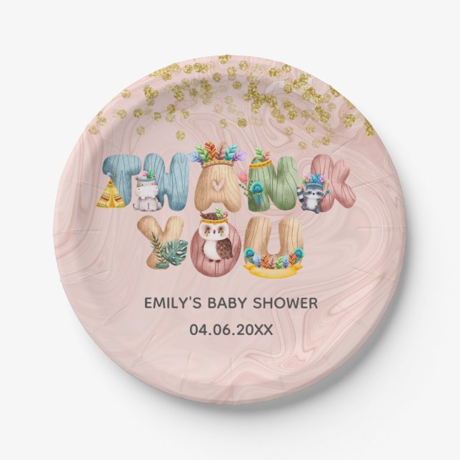 Cute Rose Gold Marble Baby Shower Animal Thank You Paper Plate (Front)