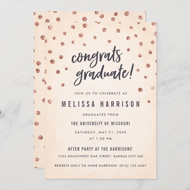 Cute Rose Gold Polka Dot Graduation Invitations (Front/Back)