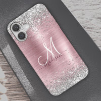 Cute rose gold silver faux glitter girly monogram