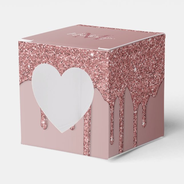 Cute Rose Gold Sparkle Glitter Drips Monogram Favor Box (Front Side)