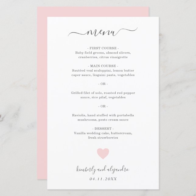 Cute Rose Heart Menu Mariage simple (Devant / Derrière)