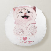 Cute Rose Kitten "I Love You" Coussin rond