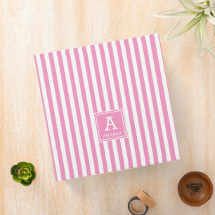 Cute Rose Pink Cabana Stripes Monogrammed Initials Binder
