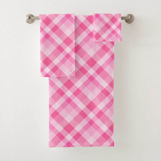 Cute Rosy Pink Plaid Pattern Bath Towel Set (Insitu)
