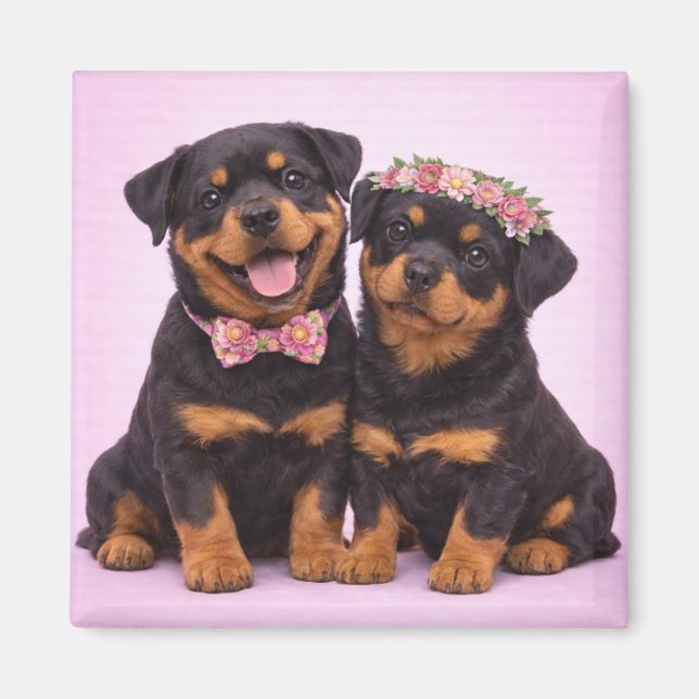 Cute Rottweiler Couple Valentine Illustration Magnet (Front)