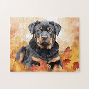 Cute Rottweiler Dog/Autumn/Fall Jigsaw Puzzle