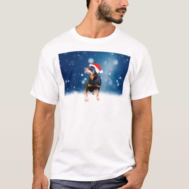 Cute Rottweiler Dog Christmas Santa Hat Snow Stars T-Shirt (Front)