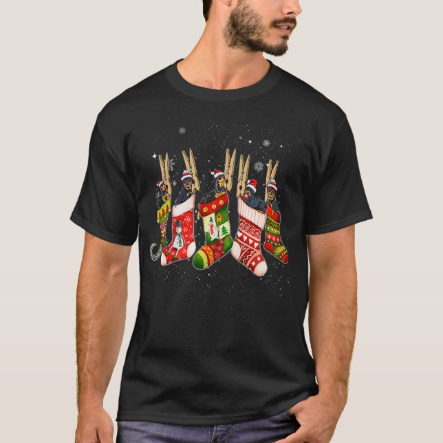 Cute Rottweiler Dog In Christmas Sock Santa Hat T-Shirt (Front)