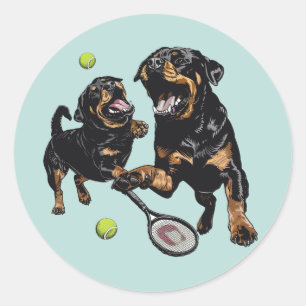 Cute Rottweiler Dogs Playing Tennis Classic Round Sticker