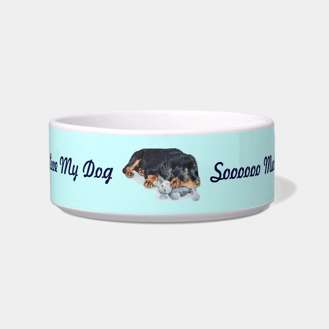 cute rottweiler puppy dog cuddling teddy bear art bowl (Front)