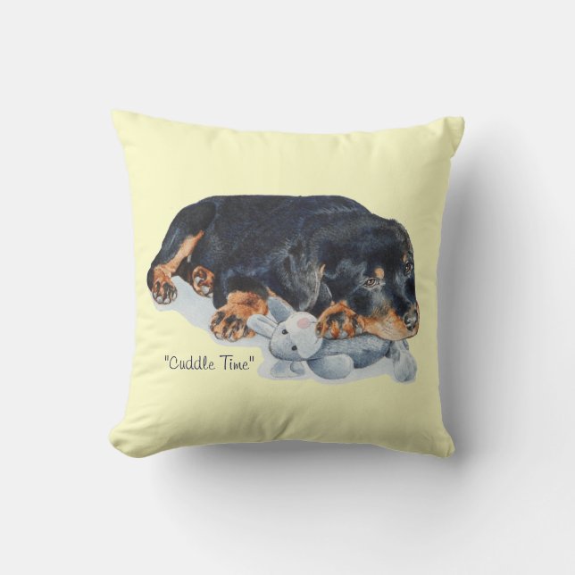 cute rottweiler puppy dog cuddling teddy bear art throw pillow (Front)