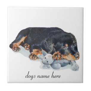 cute rottweiler puppy dog cuddling teddy bear art tile