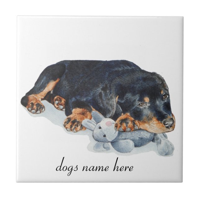 cute rottweiler puppy dog cuddling teddy bear art tile (Front)