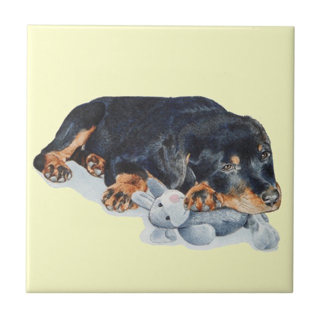 cute rottweiler puppy dog cuddling teddy bear art tile (Front)