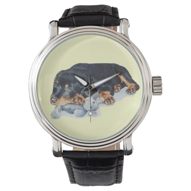 cute rottweiler puppy dog cuddling teddy bear art watch (Front)