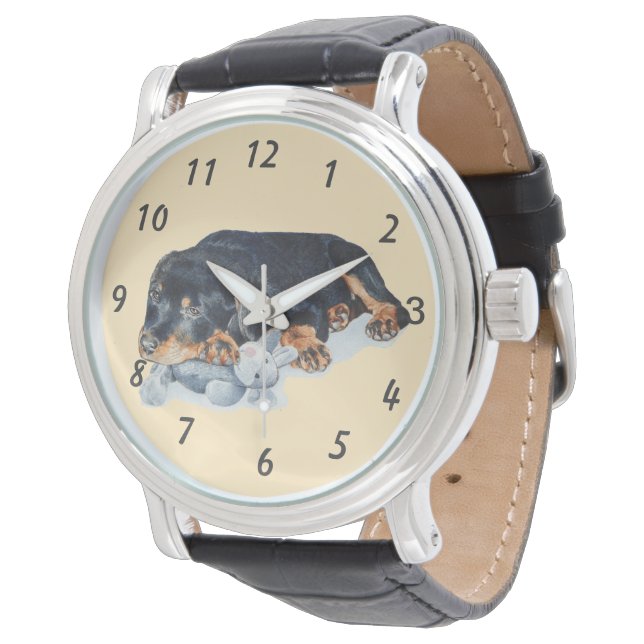 cute rottweiler puppy dog cuddling teddy bear  watch (Angled)