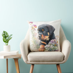 CUTE ROTTWEILER PUPPY DOG WITH WILDFLOWERS THROW PILLOW