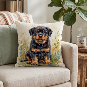 Cute Rottweiler Puppy Watercolor Throw Pillow