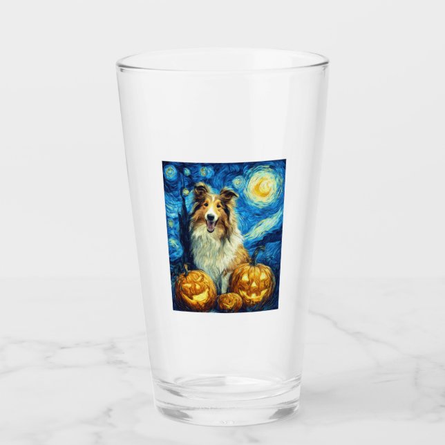 Cute Rough Collie Dog Halloween Jack O Lantern Pum Glass (Front)