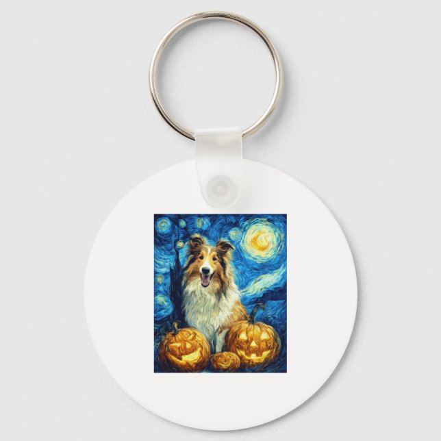 Cute Rough Collie Dog Halloween Jack O Lantern Pum Keychain (Front)