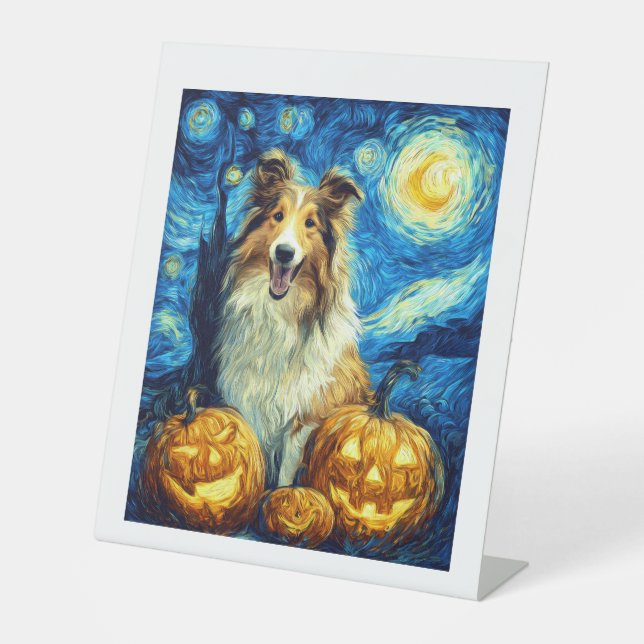 Cute Rough Collie Dog Halloween Jack O Lantern Pum Pedestal Sign (Front)