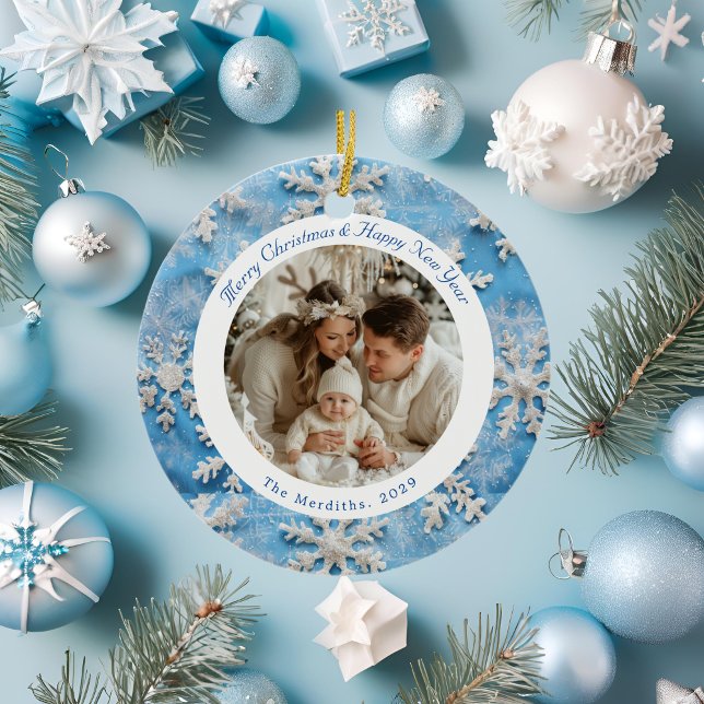 Cute Round Blue Snowflake Christmas Photo Ceramic Ornament (Creator Uploaded)