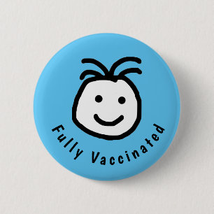 Cute Round Happy Face Fully Vaccinated Text Blue 2 Inch Round Button