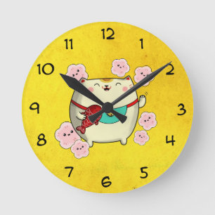 Cute Round Maneki Neko Cat Clock