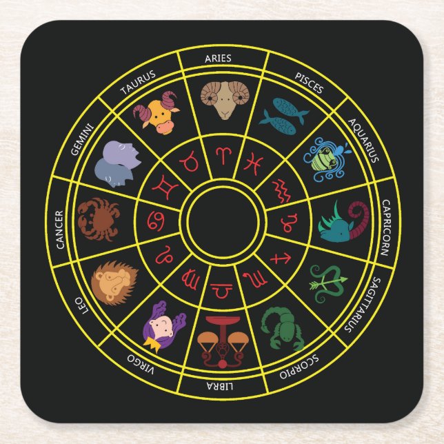 Cute Round Zodiac Symbols and Signs Square Paper Coaster (Front)
