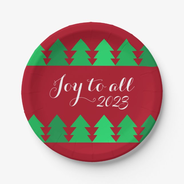 Cute Rows of Green Christmas Trees Joy Custom Year Paper Plate (Front)