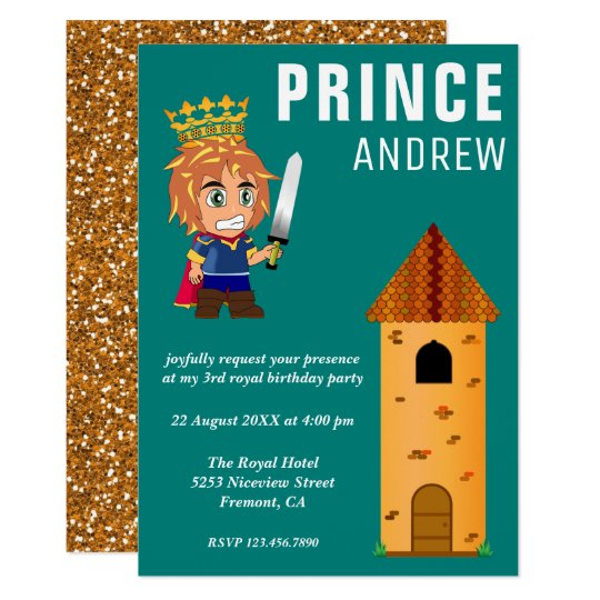 Cute Royal Baby Prince Castle Teal Birthday Party Card