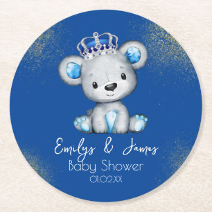 Cute Royal Blue Bear Boy Baby Shower Round Paper Coaster