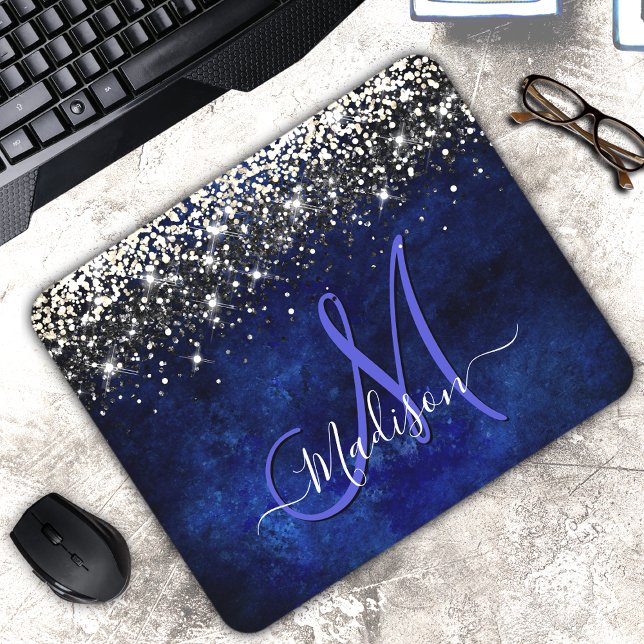 Cute royal blue gold faux glitter monogram mouse pad (Creator Uploaded)