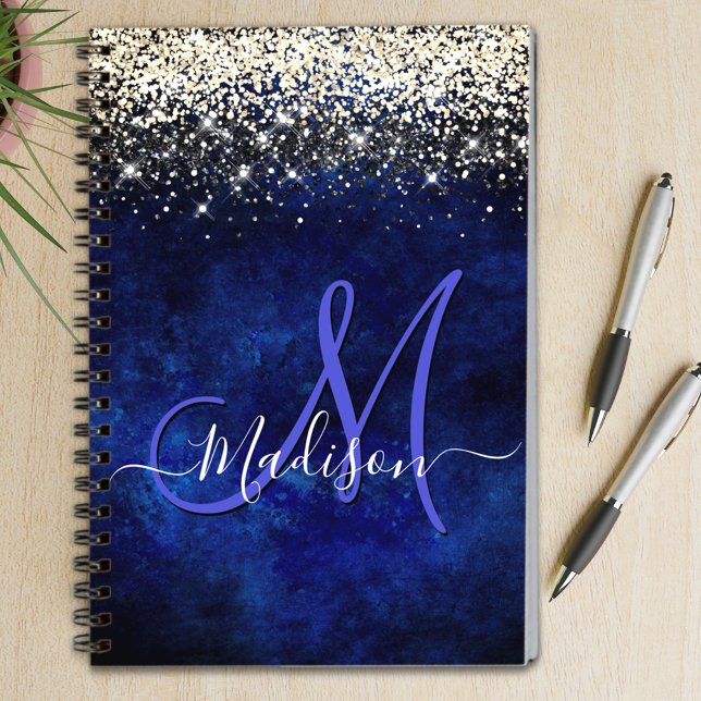 Cute royal blue gold faux glitter monogram notebook (Creator Uploaded)