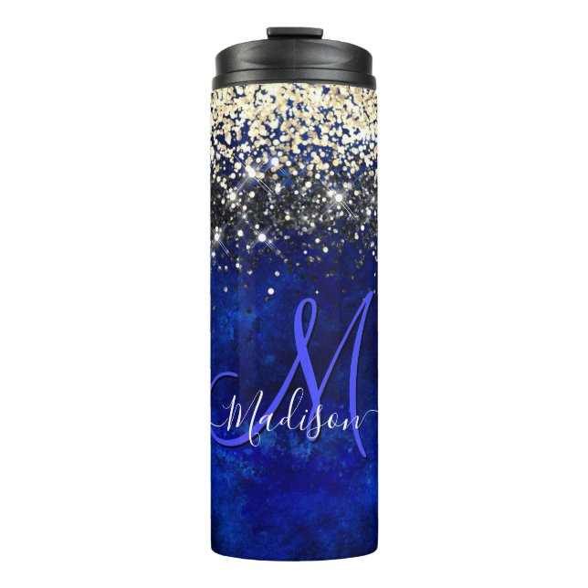 Cute royal blue gold faux glitter monogram thermal tumbler (Front)