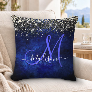 Cute royal blue gold faux glitter monogram throw pillow