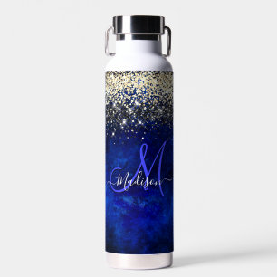 Cute royal blue gold faux glitter monogram water bottle