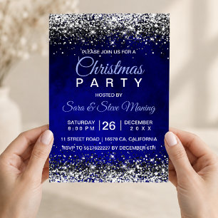 Cute royal blue silver faux glitter Christmas Invitation