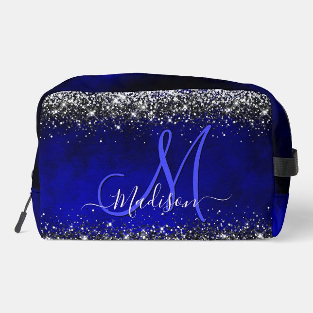 Cute royal blue silver faux glitter monogram acces dopp kit (Back)