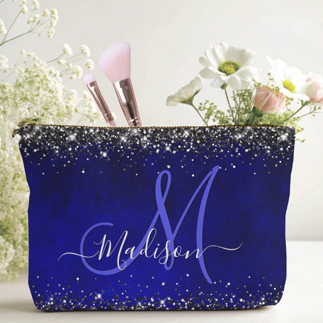 Cute royal blue silver faux glitter monogram accessory pouch (Creator Uploaded)