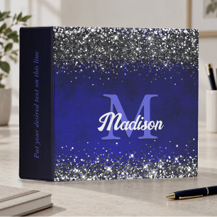 Cute royal blue silver faux glitter monogram binder
