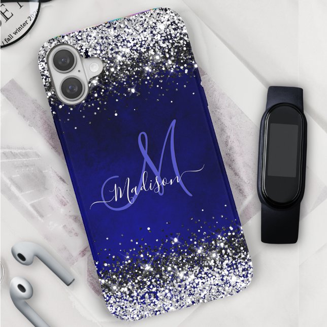 Cute royal blue silver faux glitter monogram Case- Case-Mate iPhone Case (Creator Uploaded)
