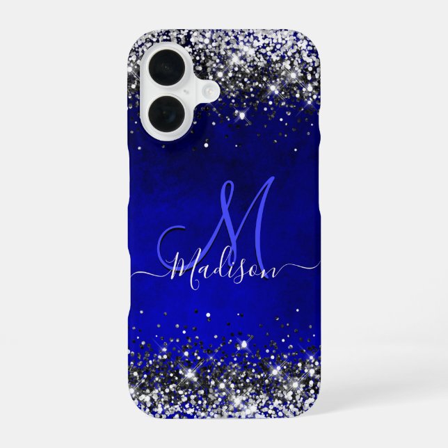 Cute royal blue silver faux glitter monogram Case- iPhone 16 Case (Back)