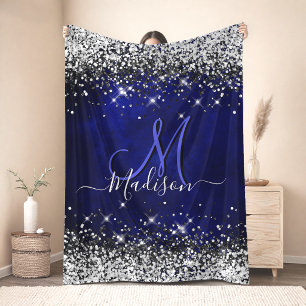 Cute royal blue silver faux glitter monogram fleece blanket