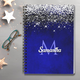 Cute royal blue silver faux glitter monogram notebook