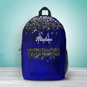 Cute royal blue silver faux glitter monogram printed backpack