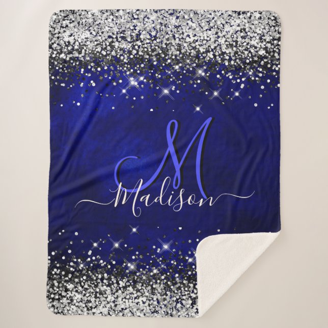 Cute royal blue silver faux glitter monogram sherpa blanket (Front)