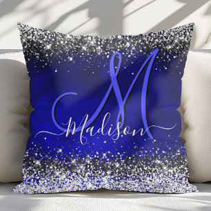 Cute royal blue silver faux glitter monogram throw pillow