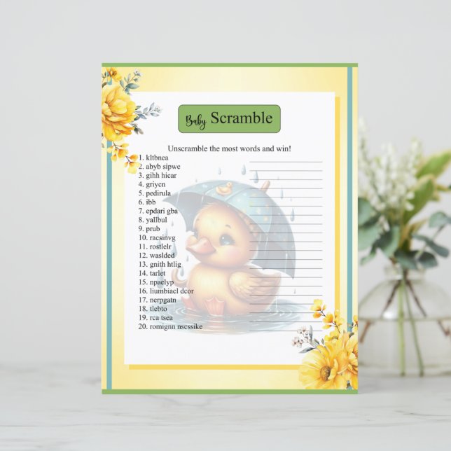 Cute Rubber Duck Baby Shower Word Scramble Game (Standing Front)