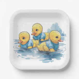 Cute Rubber Duck in Blue Clothing Paper Plate